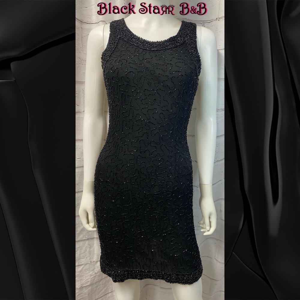 Black beaded stitch sleeveless mini cocktail dress by Lawrence Kazar. Sz Sm